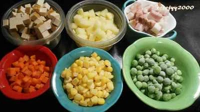 塩漬け豚肉、乾燥豆腐、角切りコーンの作り方：1