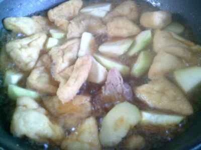 油で揚げた三角の夜咲き花と豚スペアリブの煮込みの作り方：13