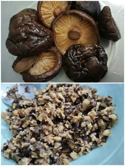 ポーチドエッグ、塩漬け野菜、キクラゲ、シイタケ入り蒸し肉パテの作り方：2