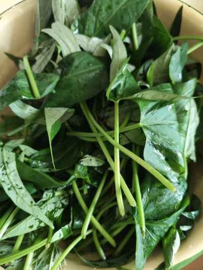 サツマイモの葉と赤ソーセージの炒め物の作り方：1